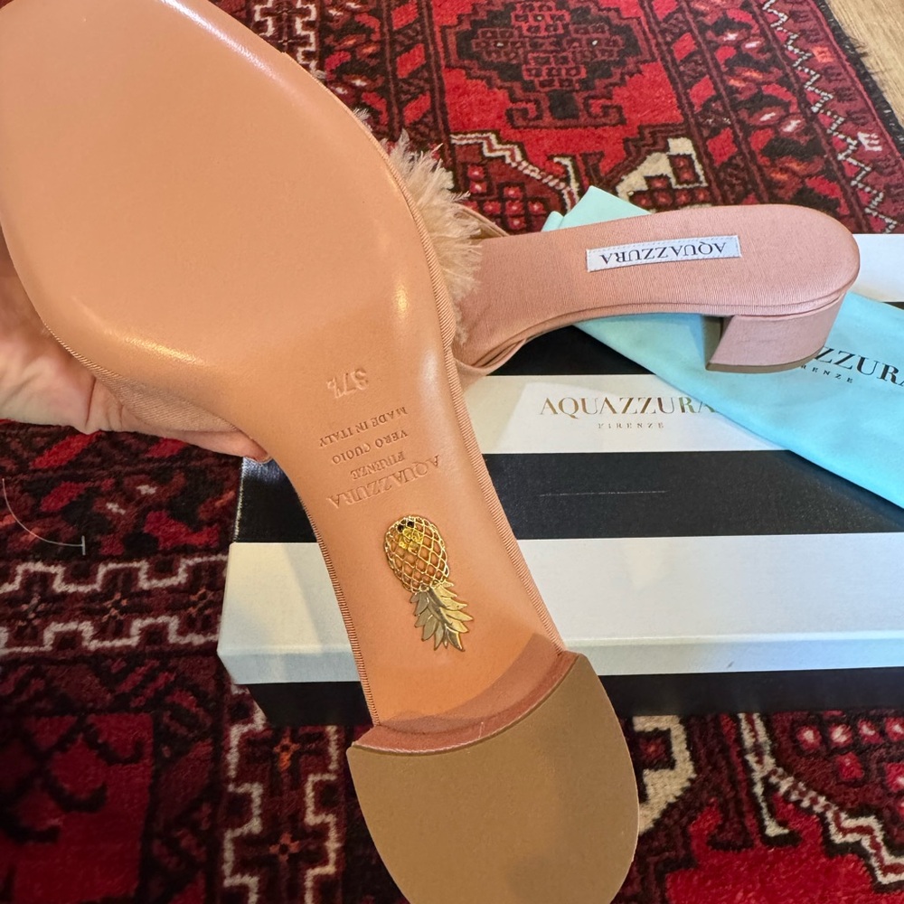 NEW NIB AQUAZZURA Boudoir 30mm Feather-trim Sandals In Rosa 37.5 - Picture 7 of 7